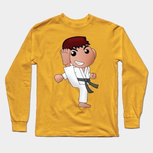 Karate Boy Kick Kawaii Cartoon Character Long Sleeve T-Shirt